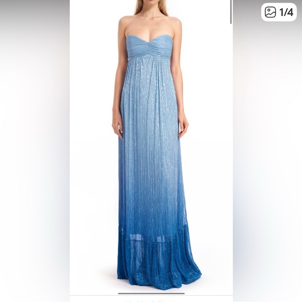 Seeking: Jewel Badgley Mischka Metallic Ombré Strapless Blue Gown